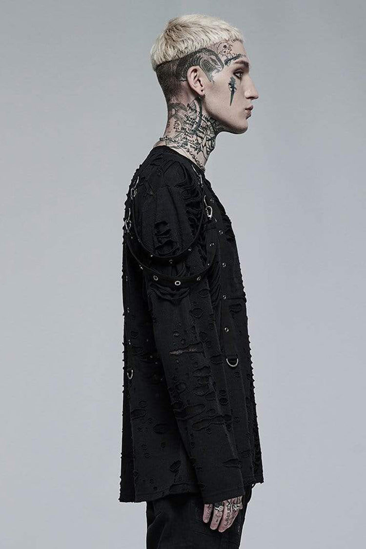 Black Gothic Broken Holes Knitted Fabric Stitching Metal Buckle Detachable Decorative Tape Long Sleeve Men's T-Shirt