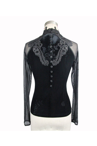 Black High Collar Front Chest Rose Decals Mesh Long Sleeve Rose Embossed Velvet Women's Gothic T-Shirt