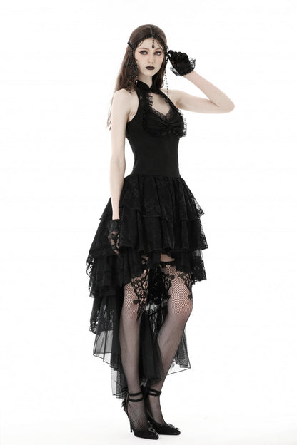 Black Off Shoulder Halterneck Sleeveless Irregular High Low Multi-Layered Lace Women's Gothic Dress