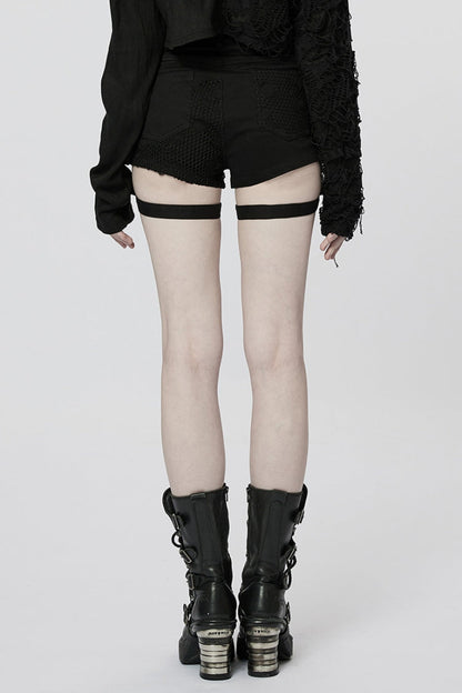 Black Faux Leather Stitching Mesh Buckles Women's Steampunk Shorts