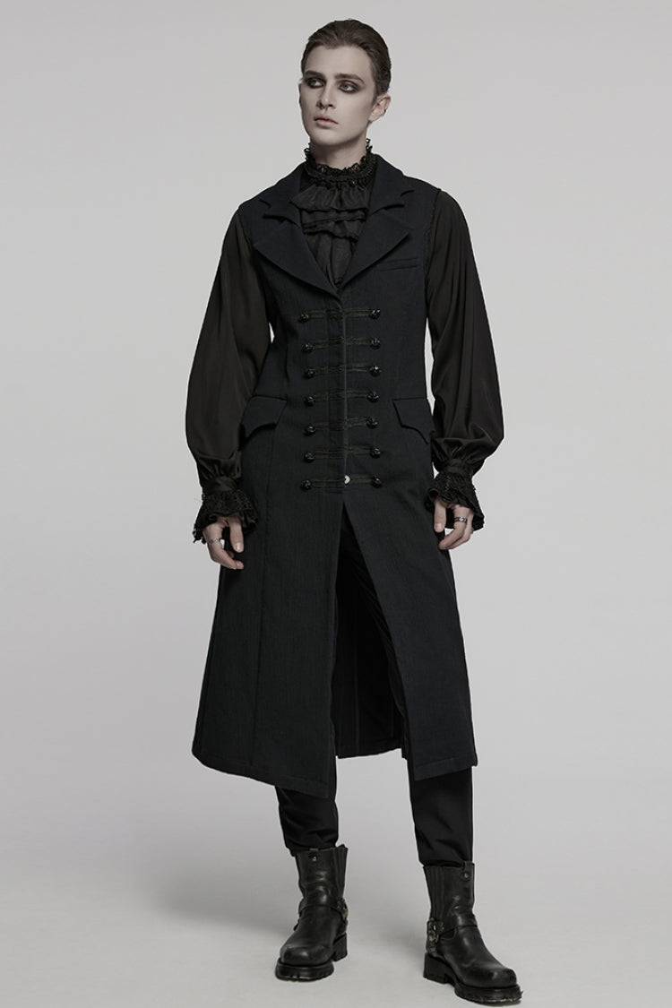 Black Batlike Collar Sleeveless Buckled Men's Gothic Long Vest