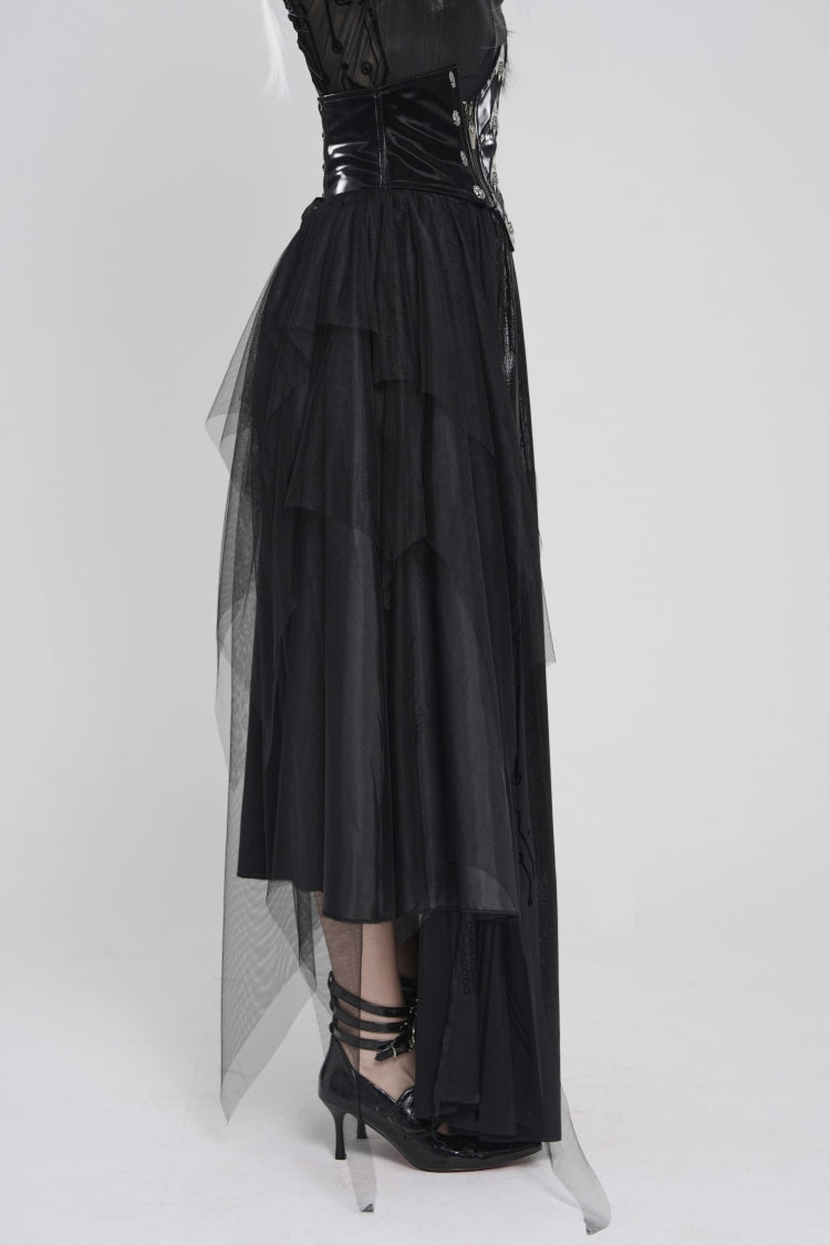 Black Multi-Layered Lace-Up Slim Irregular Asymmetric Eyelet Women's Gothic Long  Skirt
