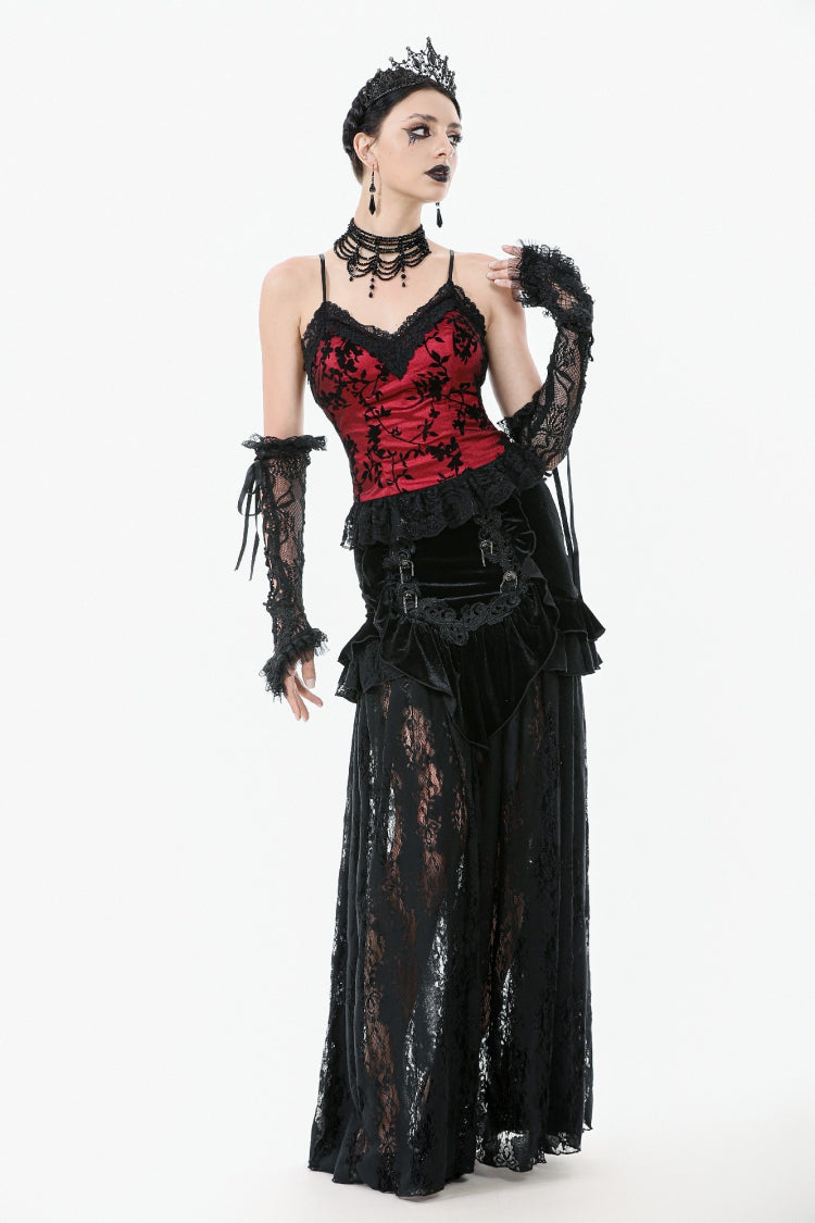 Black Multi-Layered Ruffled Velvet Spliced Lace Lace-Up Women's Gothic Long Skirt