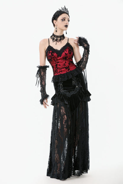 Black Multi-Layered Ruffled Velvet Spliced Lace Lace-Up Women's Gothic Long Skirt