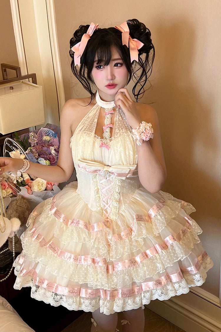 Beige [Ballet Dream] Halterneck Triple-Layered Ruffle Bowknot Lace-Up Sweet Princess Lolita Dress