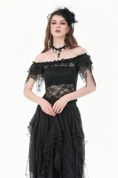 Black Off Shoulder Floral Sheer Lace Women's Gothic Top