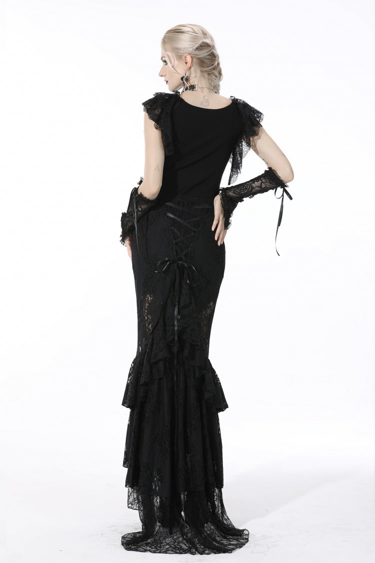 Black Plunging V Collar Short Sleeves Ruffled Lace Sexy Women's Gothic Crop Top