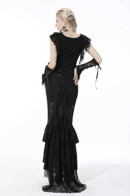 Black Plunging V Collar Short Sleeves Ruffled Lace Sexy Women's Gothic Crop Top