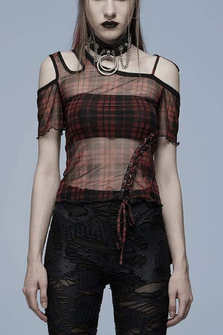 Asymmetrical Cutout Neckline Strap Design Plaid Mesh Women's Punk T-Shirt