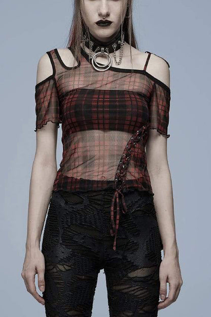 Asymmetrical Cutout Neckline Strap Design Plaid Mesh Women's Punk T-Shirt