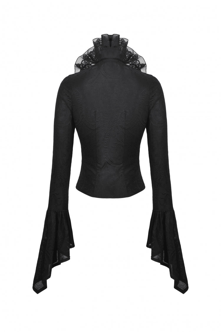 Black Lace Ruffled V Stand Collar Long Flared Sleeves Jacquard Women's Gothic Blouse