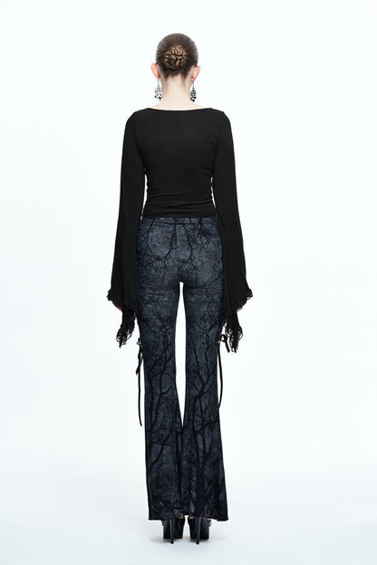 Black Mysterious Forest Gothic Branch Printing Bellbottom Womens Pants