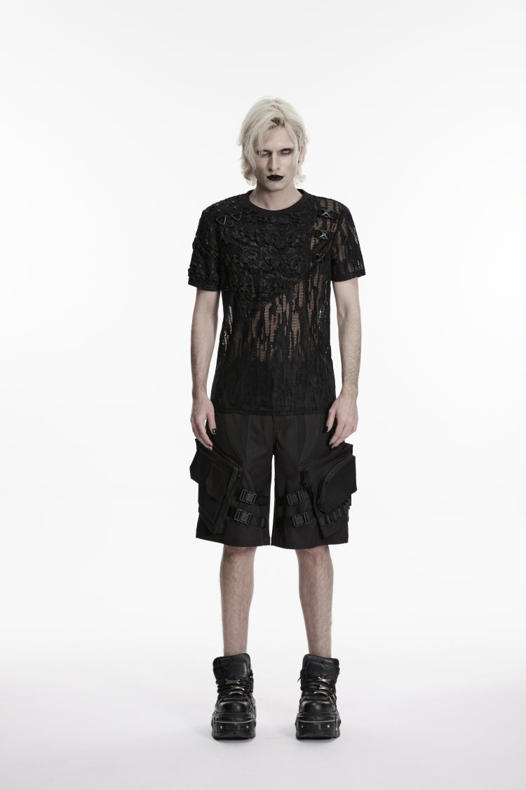 Black Buckled Men's Punk Cool Shorts with Big Pockets