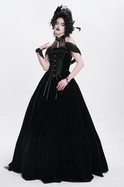 Black Off Shoulder Embroidery Lace Lace-Up Women's Gothic Gown Dress