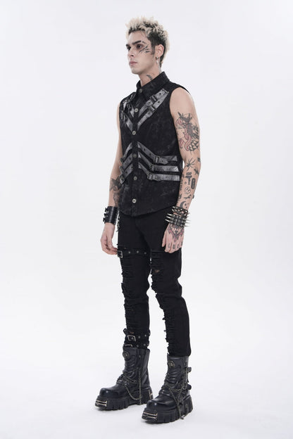 Black Lapel Collar Sleeveless Multi-Layered Printed Tie-dyed Buckled Men's Punk Shirt