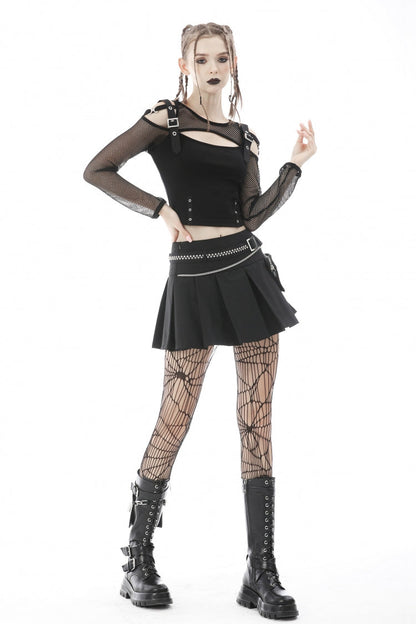 Black Pleated Big-pocket Chain-Decorated Women's Punk Mini Skirt with Belt