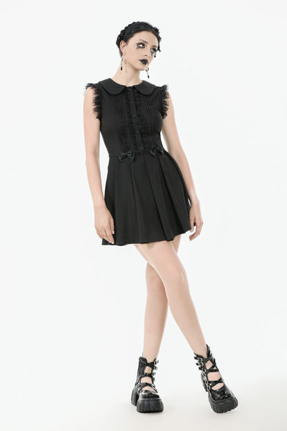 Black Peter Pan Collar Sleeveless Bowknot Pleated Women's Gothic Graduation Dress