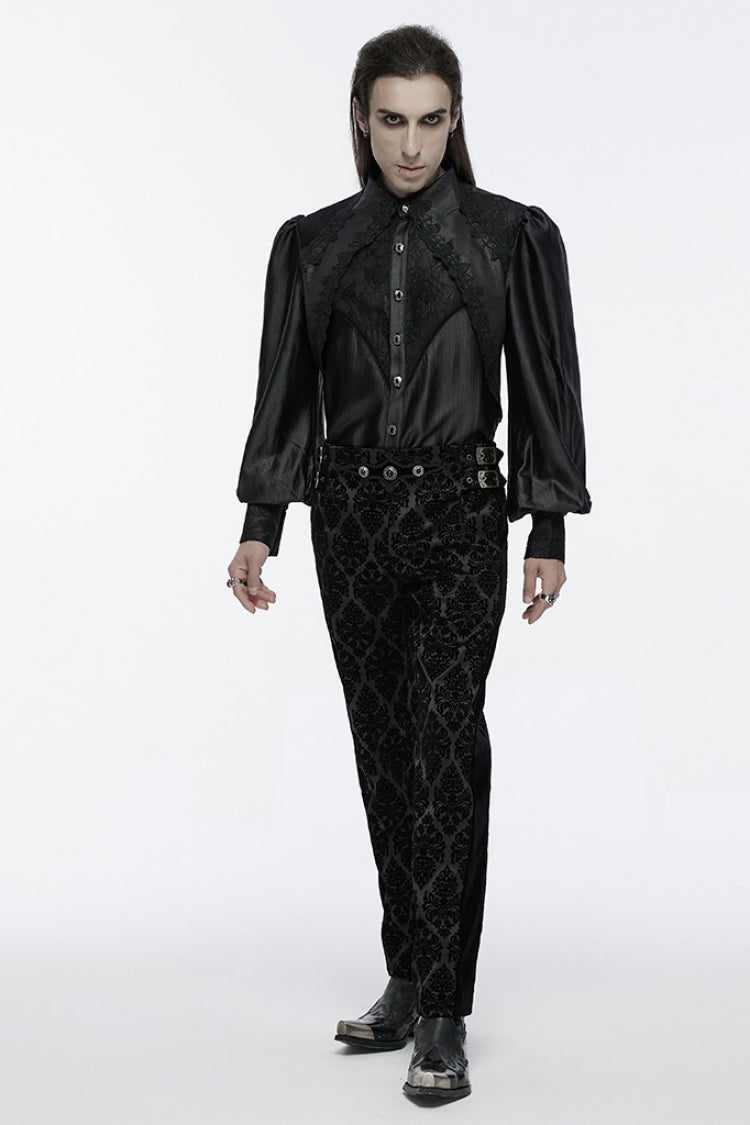 Black Long Puff Sleeves Spliced Lace Men's Gothic Shirt