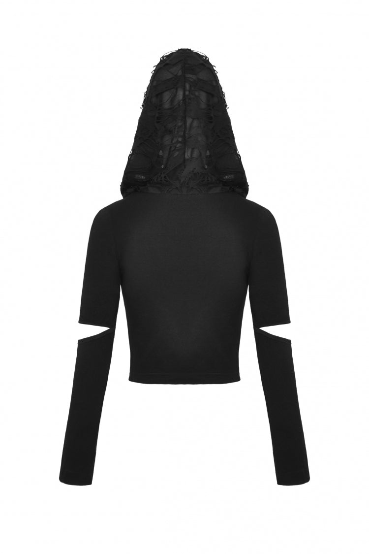 Black Metal Cross Eyelet Long Sleeves Cut-Out Women's Punk Crop Top with Ripped Hood