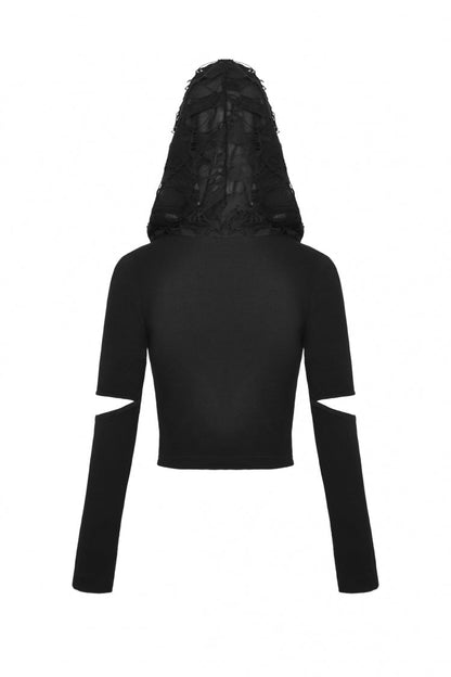 Black Metal Cross Eyelet Long Sleeves Cut-Out Women's Punk Crop Top with Ripped Hood