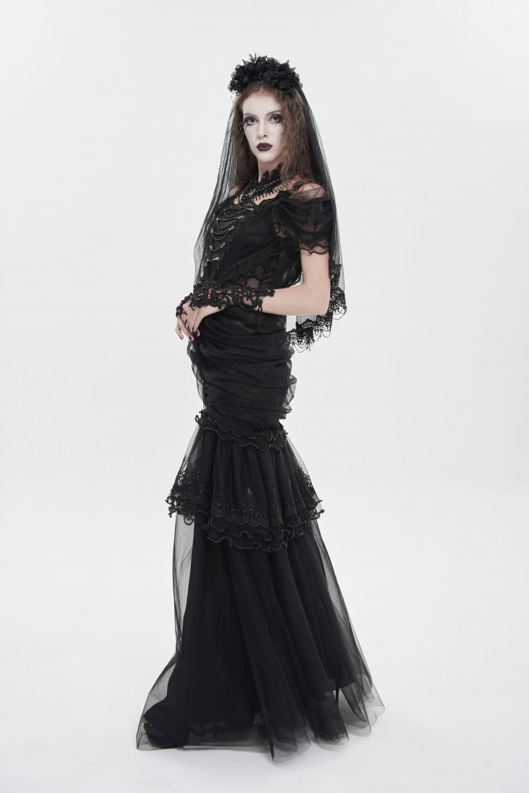 Black Off Shoulder Ruffled Cut-Out Lace Pleated Women's Gothic Dress