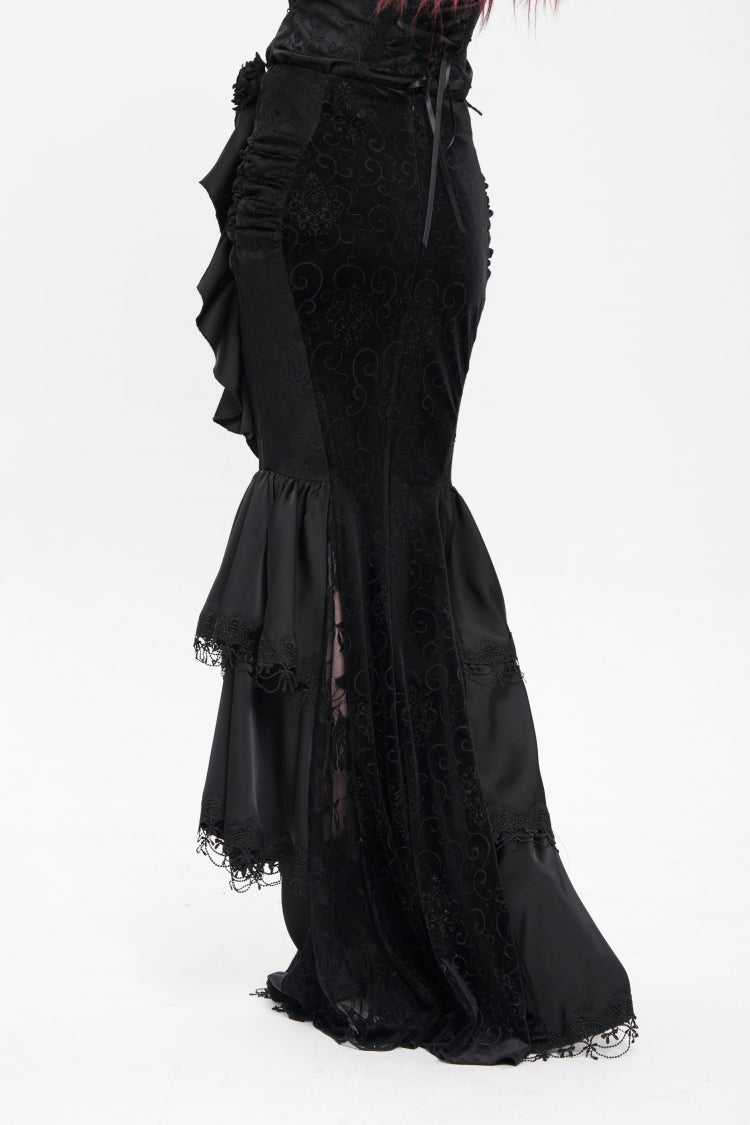 Black Floral Print Lace-Up Rose Chain Women's Gothic Fishtail Skirt