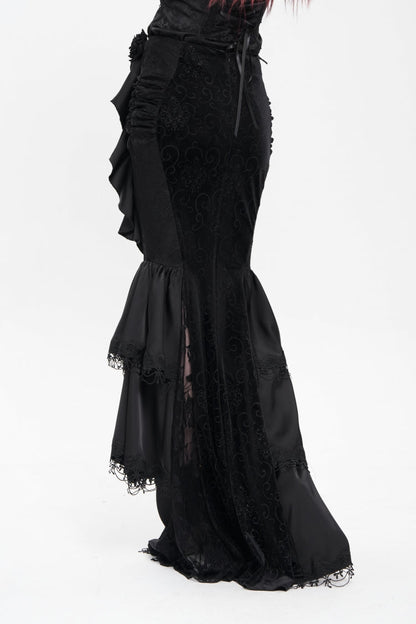 Black Floral Print Lace-Up Rose Chain Women's Gothic Fishtail Skirt
