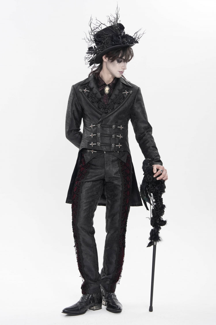 Black Lapel Collar Long Sleeves Lace-Up Slim Men's Gothic Handsome Double-Breasted Jacket