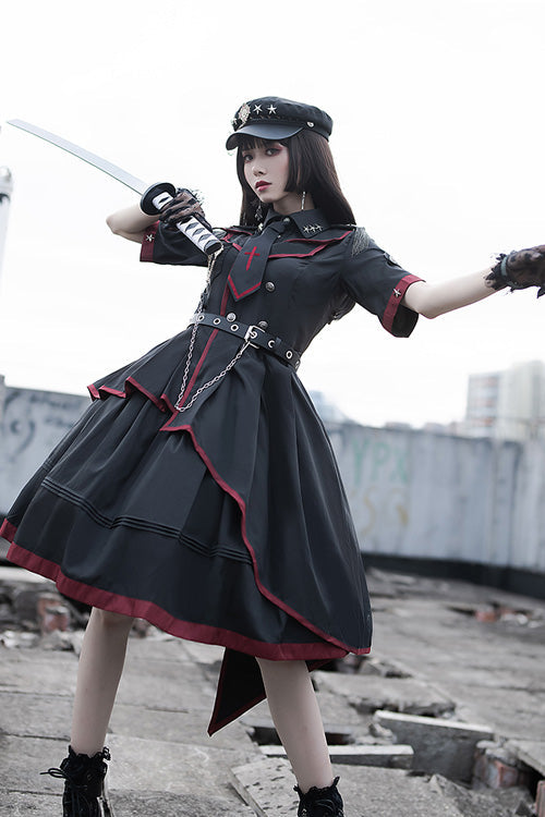 Black Military Style JK Set Irregular Gothic Lolita Dress