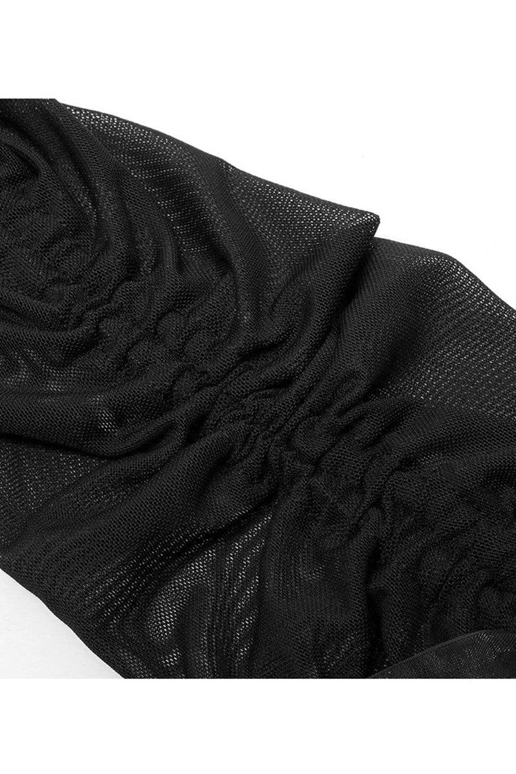 Black Gothic Elasticity Cotton Hollow Buttonhole Strap Design Slash Neck Women's T-Shirt