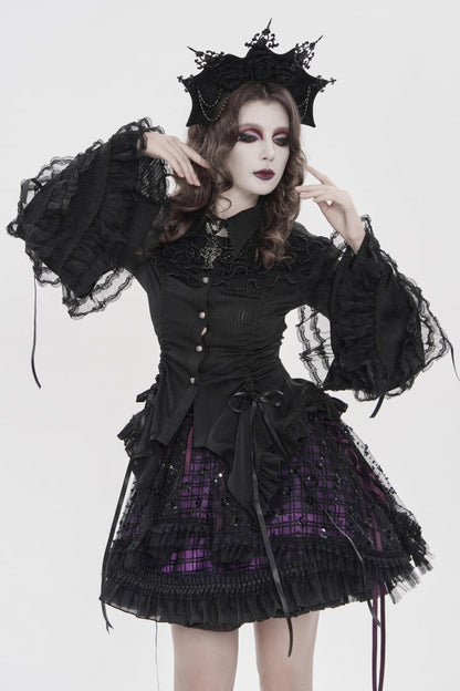 Black Lapel Collar Long Trumpet Sleeves Lace Lace-Up Women's Gothic Blouse