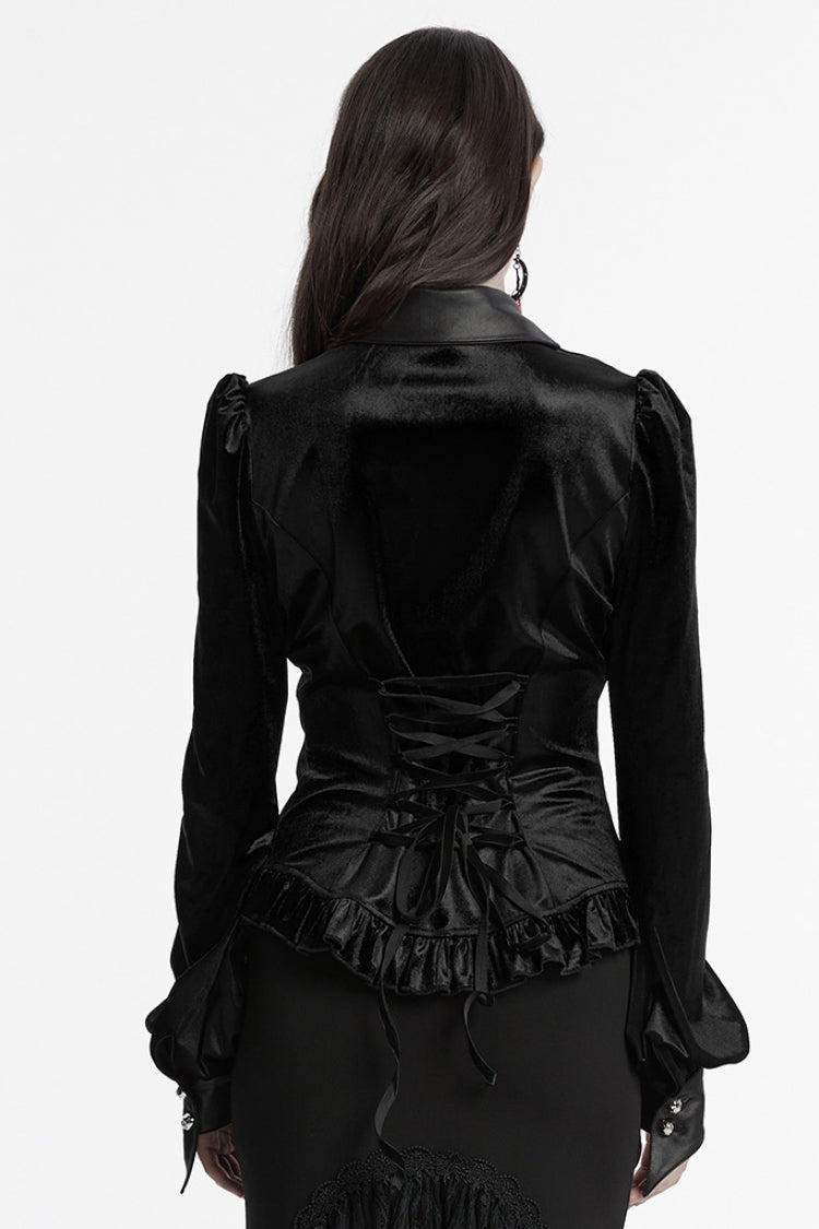 Black Lapel Collar Long Puff Sleeves Gradient Ruffle Women's Gothic Blouse