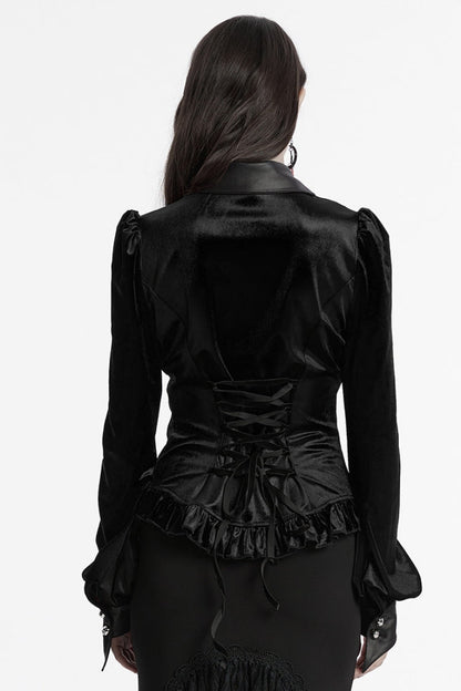 Black Lapel Collar Long Puff Sleeves Gradient Ruffle Women's Gothic Blouse