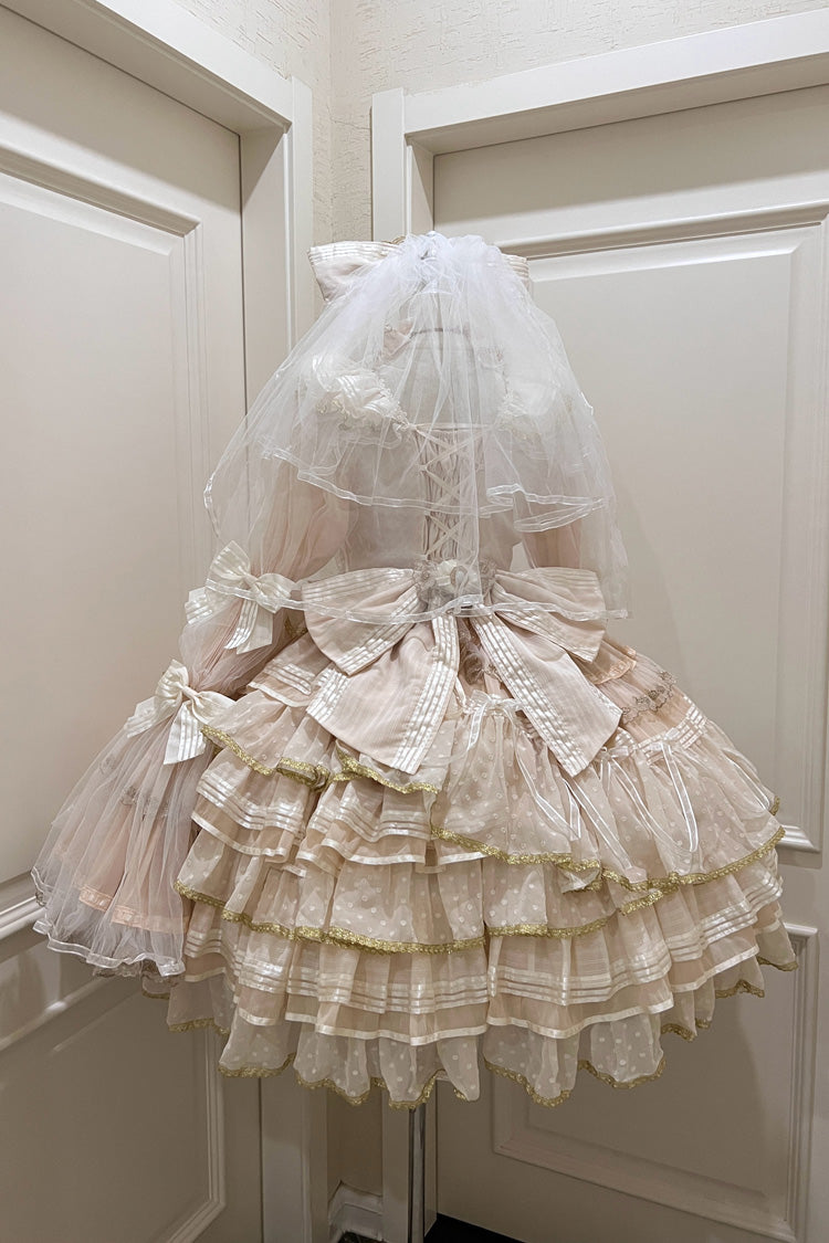 Apricot [Coronation] Long Trumpet Sleeves Multi-Layered Ruffle Bowknot Lace Sweet Gorgeous Lolita Dress Set