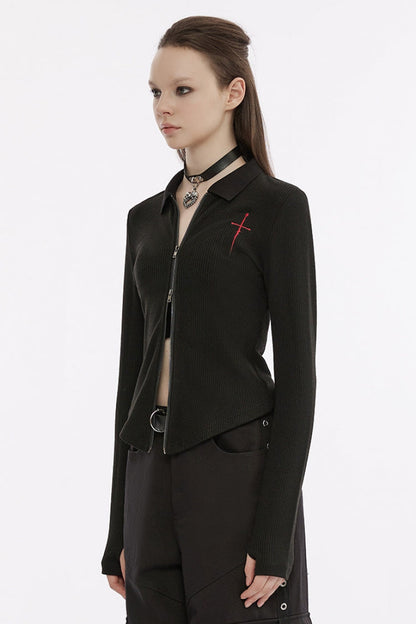 Black Cross Sword Embroidery Slim Metal Zipper Women's Punk Jacket