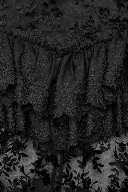 Black Multi-layer Print Ruffle Stitching Lace Sheer Women's Gothic Gorgeous Skirt