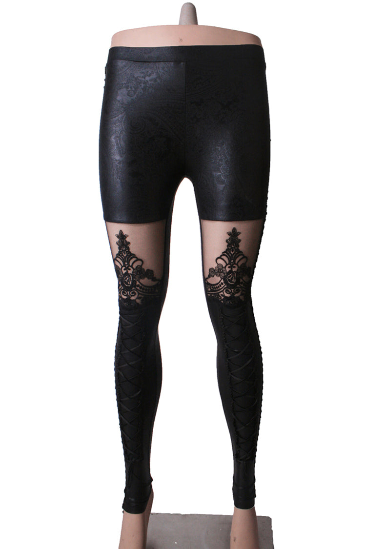 Black Flocking Bind Lace Skinny Women's Gothic Leggings