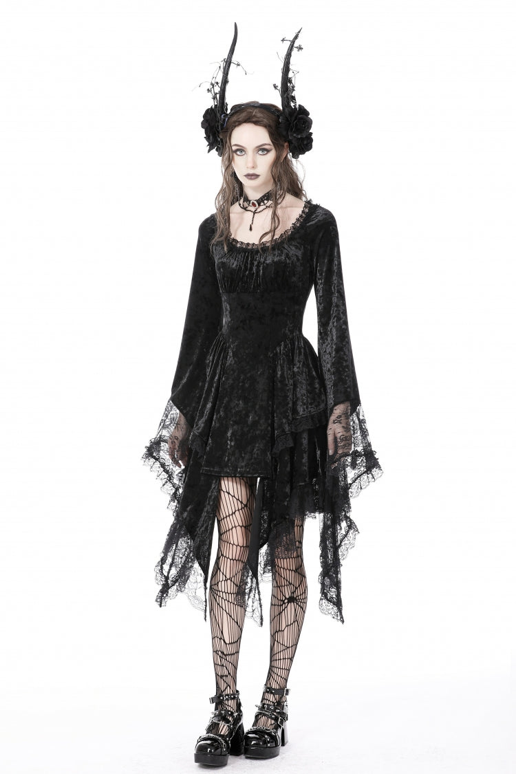 Black Irregular Long Trumpet Sleeves Lace Spliced Women's Gothic Velvet Graduation Dress