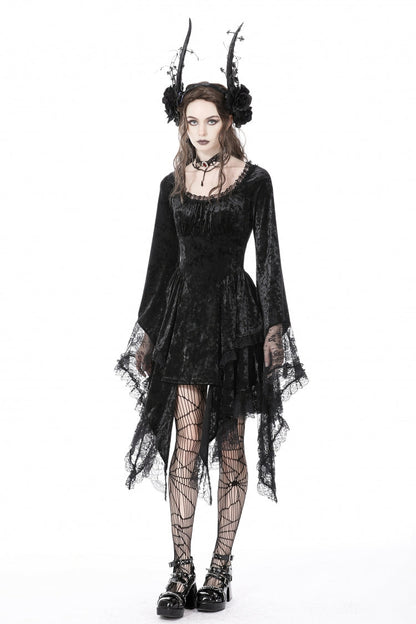 Black Irregular Long Trumpet Sleeves Lace Spliced Women's Gothic Velvet Graduation Dress
