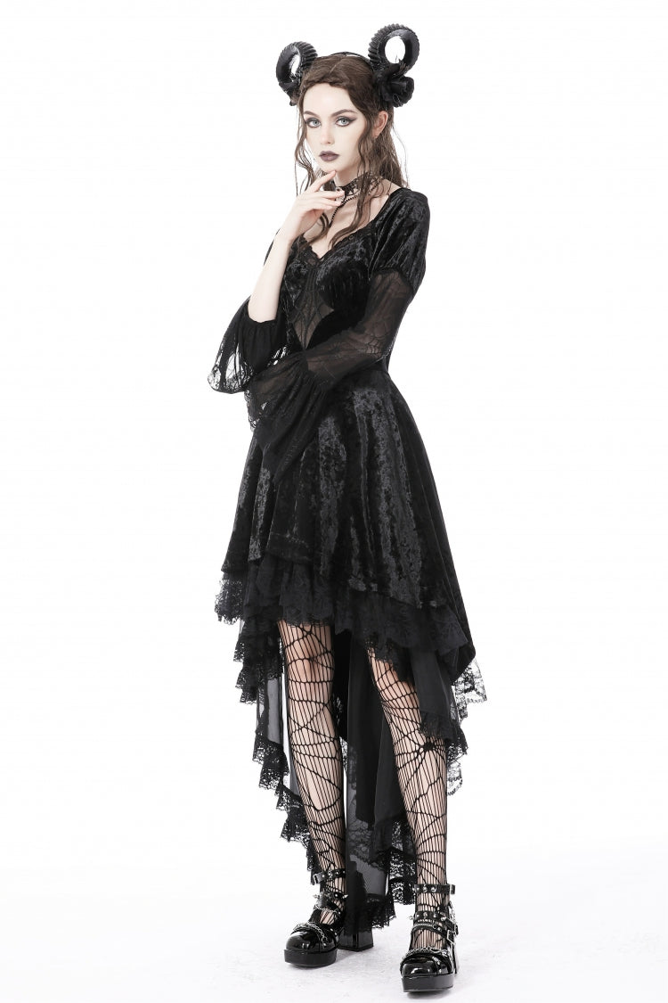 Black Long Puff Sleeves High Low Irregular Multi-Layered Lace Women's Gothic Velvet Dress