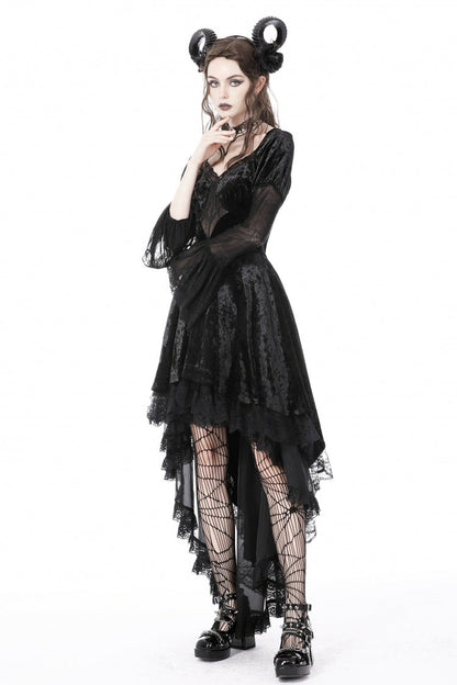 Black Long Puff Sleeves High Low Irregular Multi-Layered Lace Women's Gothic Velvet Dress