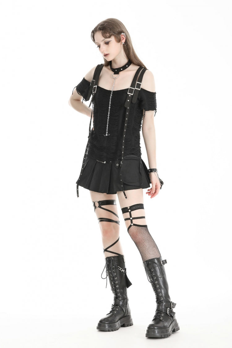 Black Off Shoulder Short Sleeves Ripped Buckled Women's Gothic T-Shirt with Detachable Choker