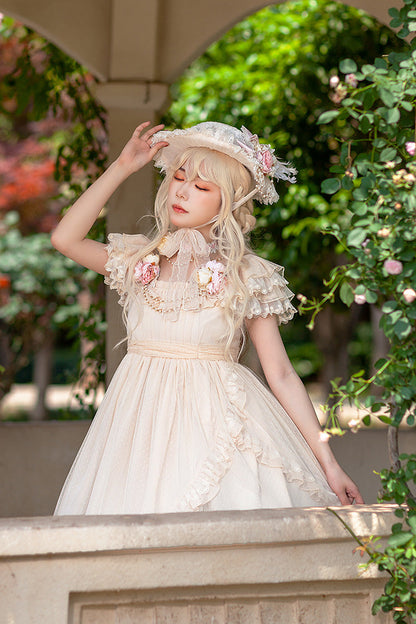 Apricot [Moon goddess *Mediana*] Polka Dot Print Ruffle Bowknot Asymmetric Sweet Elegant Lolita Dress