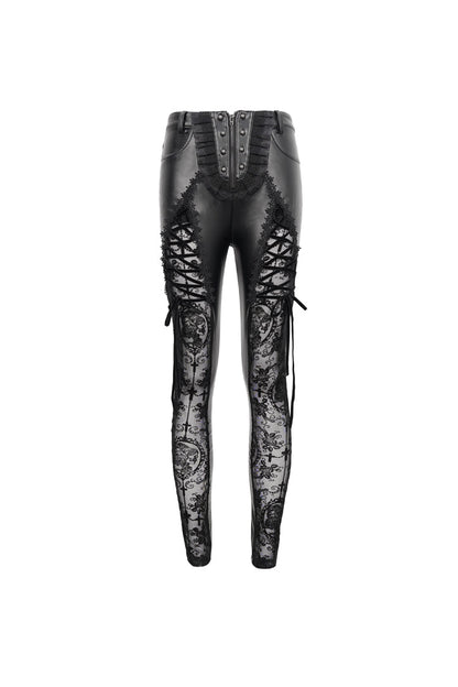 Black Flocked Stretch Slim Thigh Lace String Adjustable Women's Gothic Leggings