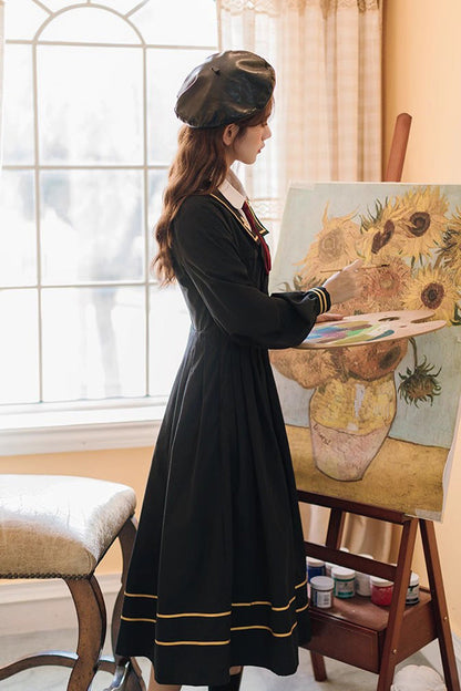 Black Long Sleeves Embroidery Sweet College Style Elegant Lolita Dress