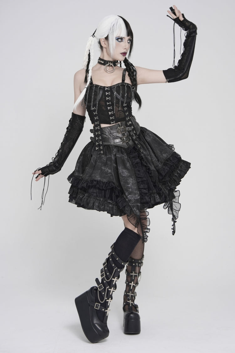 Black Multi-Layered Printed Spliced Lace Lace-Up Buckled Pleated Eyelet Women's Gothic Skirt