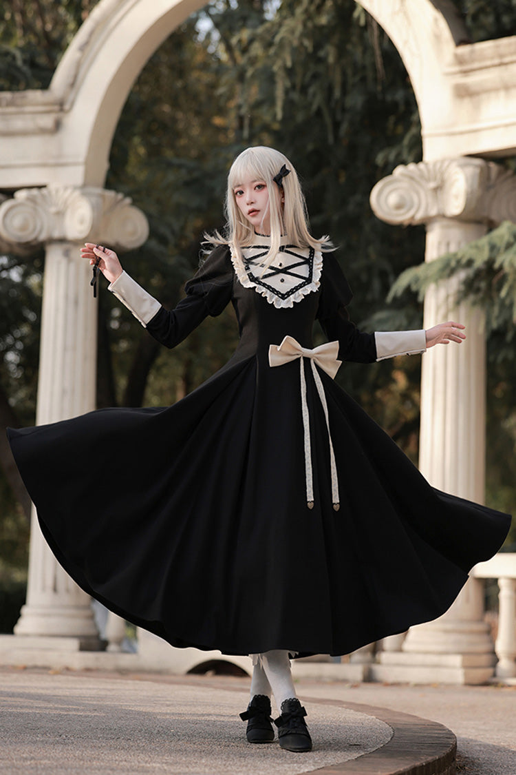 Black Nun Style Stand Collar Long Sleeves Ruffle Bowknot Gothic Elegant Lolita Dress