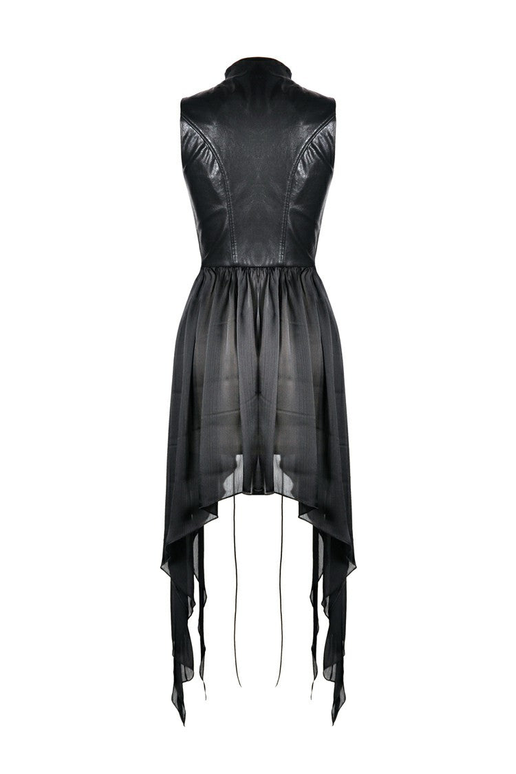 Black Chiffon Sleeveless Cut-Out Chest Irregular Hem Lace-Up Buckled Women's Punk Jacket