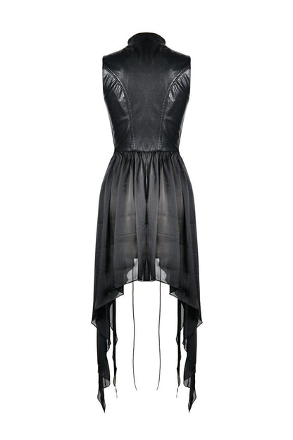 Black Chiffon Sleeveless Cut-Out Chest Irregular Hem Lace-Up Buckled Women's Punk Jacket