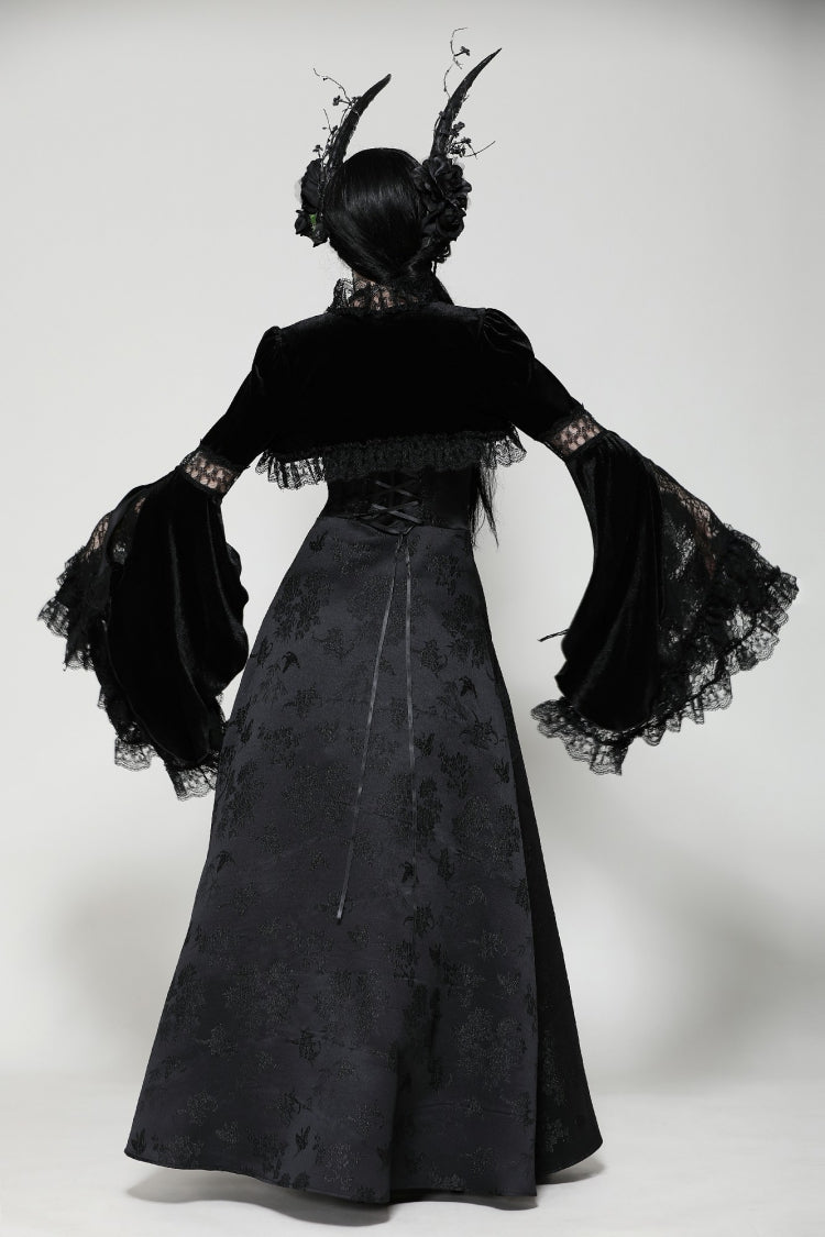 Black Long Puff Flared Sleeves Ruffled Lace Spliced Velvet Women's Gothic Cape